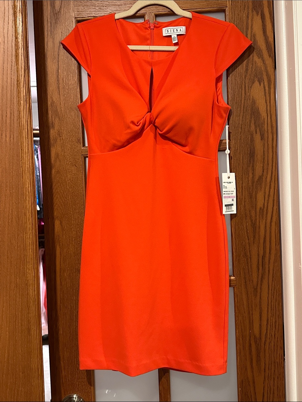 Twist-Front Cap Sleeve Mini Dress in Hot Coral - Picture 4 of 10